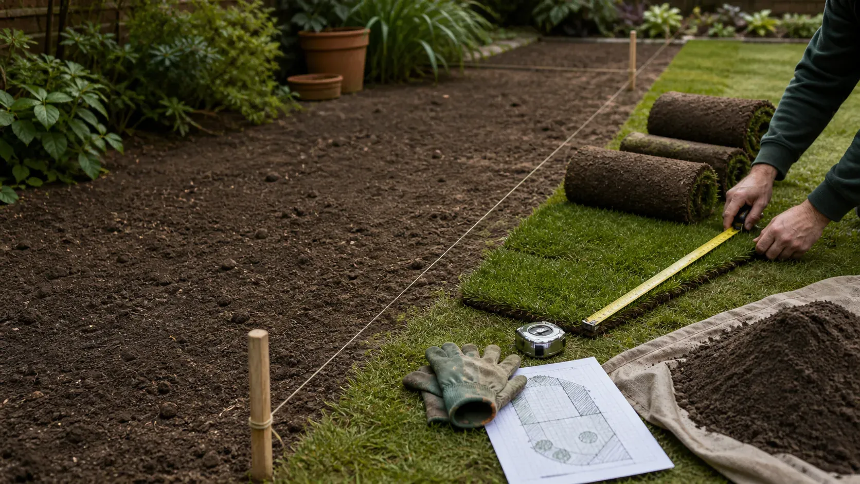 A garden lawn area being set out: a string line between wooden pegs across freshly dug soil, rolls of turf, a tape measure and a hand-drawn plan on graph paper.